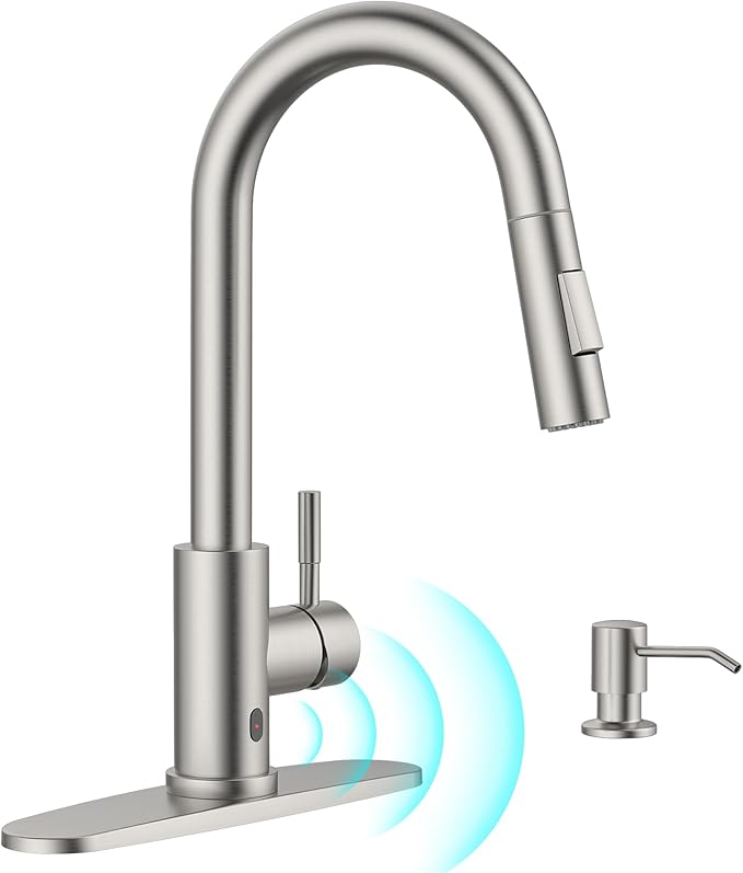 APPASO Touchless Kitchen Faucet with Soap Dispenser, S304 Stainless Steel Modern Motion Sensor Sink Faucets with Pull Down Sprayer 2 Modes and Deck Plate, Activated Smart Hands Free