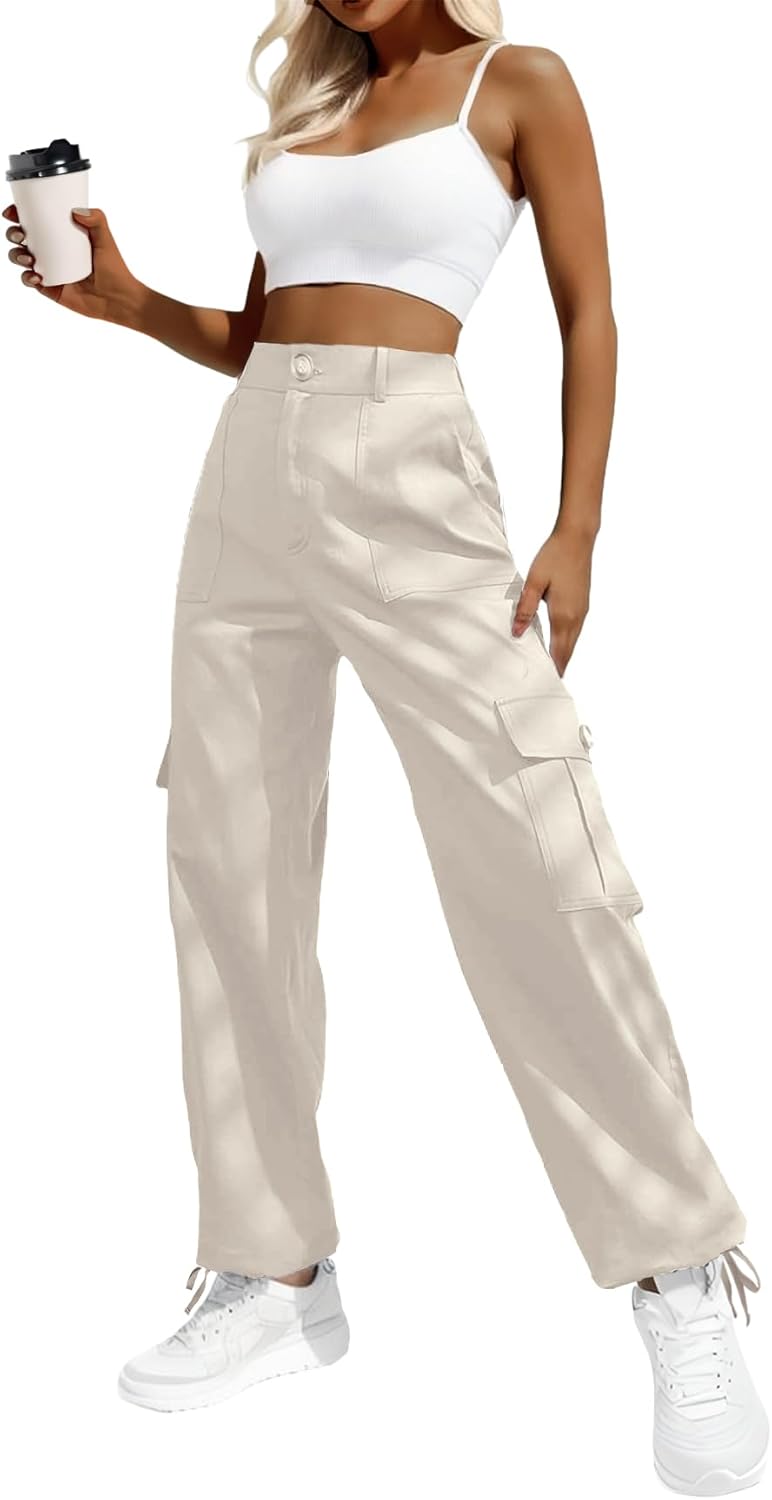 Lepunuo Women's High Waisted Cargo Pants Travel Y2K Streetwear Baggy Stretchy Pants with 6 Pockets Drawstring Ankle Cuffs