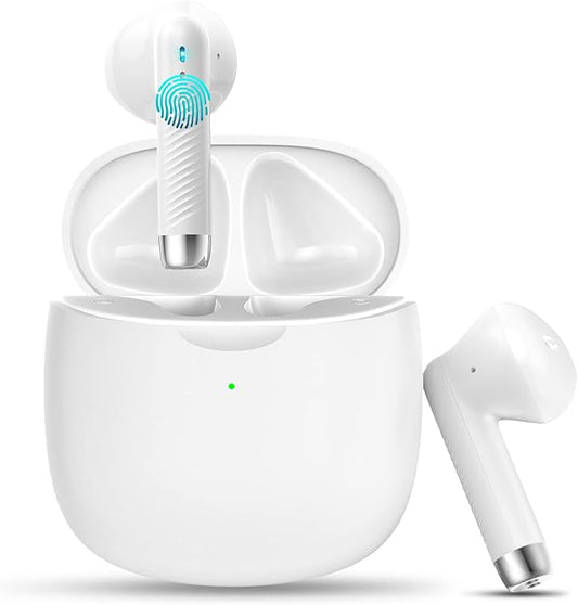 Jxrev Wireless Earbuds, Bluetooth 5.4 Headphones in Ear with Noise Cancelling Mic, Earbuds Stereo Bass, IP7 Waterproof Sports Earphones, 32H Playtime USB C Charging Buds White for Android iOS