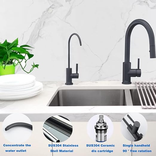Matte Black Drinking Water Purifier Faucet, Sus304 Stainless Steel Beverage Faucet for Kitchen Under Sink Water Reverse Osmosis Filter System With 1/2" 1/4" 3/8" Tube
