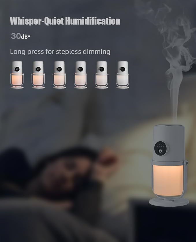 Portable Small Humidifier - Cold Mist Humidifier with 360° Rotating Stand, Stepless Dimming Warm Night Light, 2/8 H Timer Function, Mini humidifier for Bedroom, Plants, Office, and Car (White)