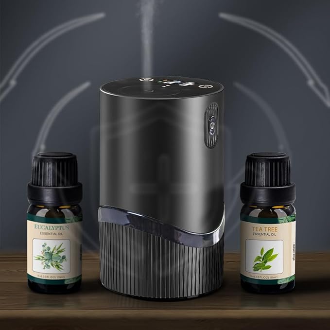 Waterless Essential Oil Diffuser -Aroma Diffuser, Portable Smart Scent Air Machine 1/2/3 & Continuous Mist, Anti-TIPP, Timer Setting and Auto-Off Function (Black)