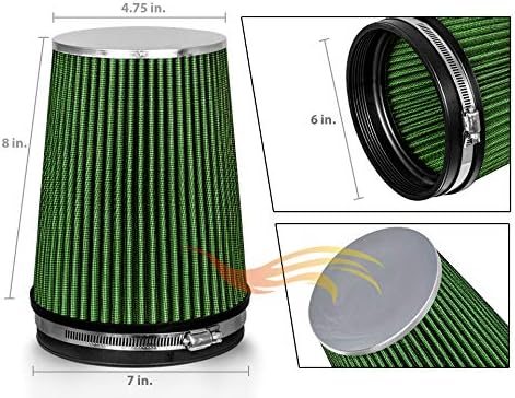 GREEN 6" 152 mm Inlet Truck Cold Air Cone Replacement Performance Washable Clamp-On Dry Air Filter (8" Tall)
