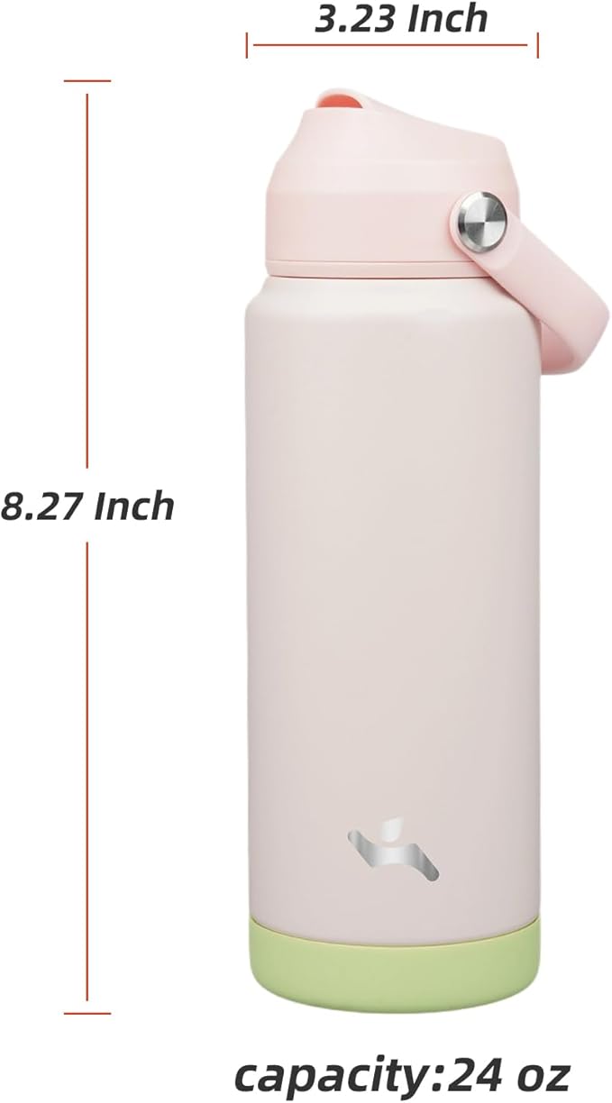 Insulated Water Bottle with Straw Lid,24 oz Stainless Steel Vacuum Metal Bottle with Silicone Handle,Pearl-FlexoryFit