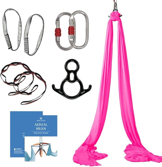 Aerial Silks Starter Kit - Durable 9 Yards of Aerial Yoga Hammock with Hardware & Guide - Aerial Swing for Acrobatic Flying Yoga & All Levels (Aerial Rigging Point Up to 13ft)-FlexoryFit