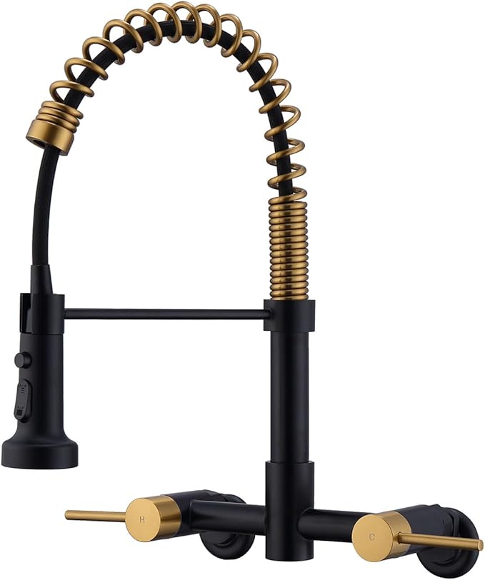 Wall Mount Kitchen Faucet, 8 Inch Center Wall Mount Kitchen Sink Faucet with Pull Down Sprayer with Sprayer Commercial, Black and Gold