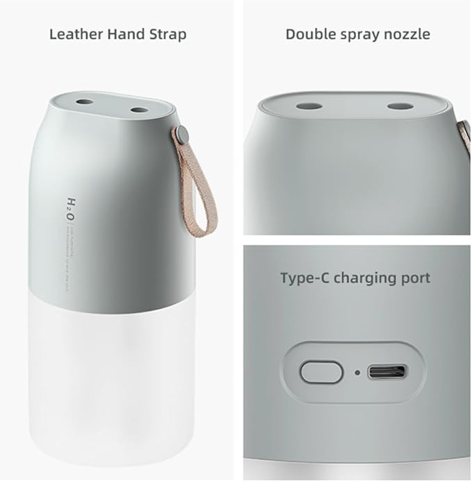 Dual Nozzle Portable Humidifier 300ml with Dual Spray Modes and Night Light for Bedroom and Car