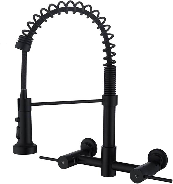 Wall Mount Kitchen Faucet, 8 Inch Center Wall Mount Kitchen Sink Faucet with Pull Down Sprayer, Commercial, Black