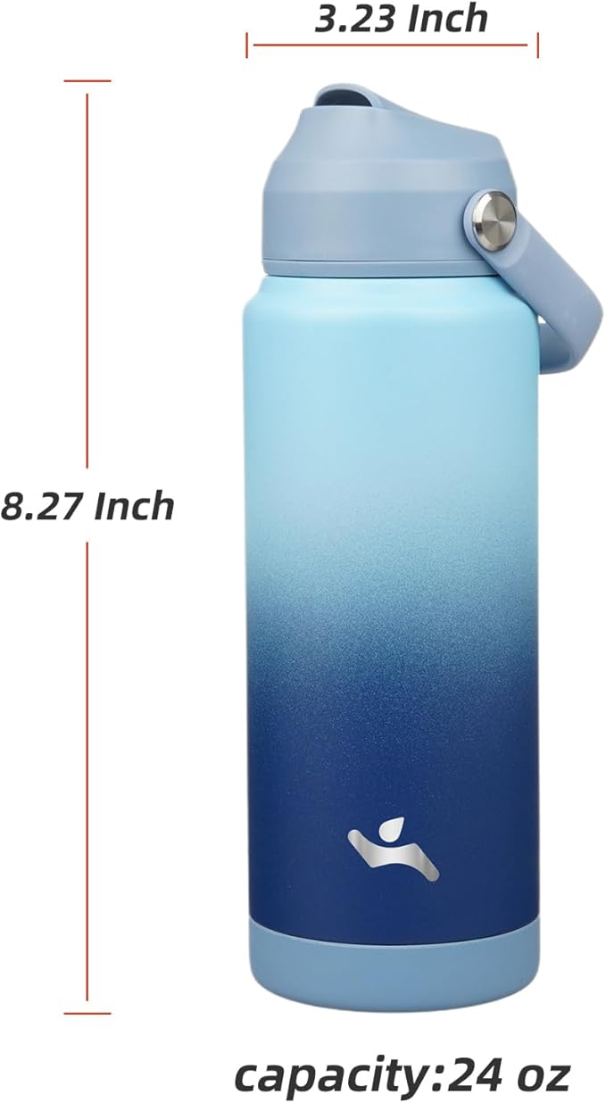 Insulated Water Bottle with Straw Lid,24 oz Stainless Steel Vacuum Metal Bottle with Silicone Handle,Sky-FlexoryFit