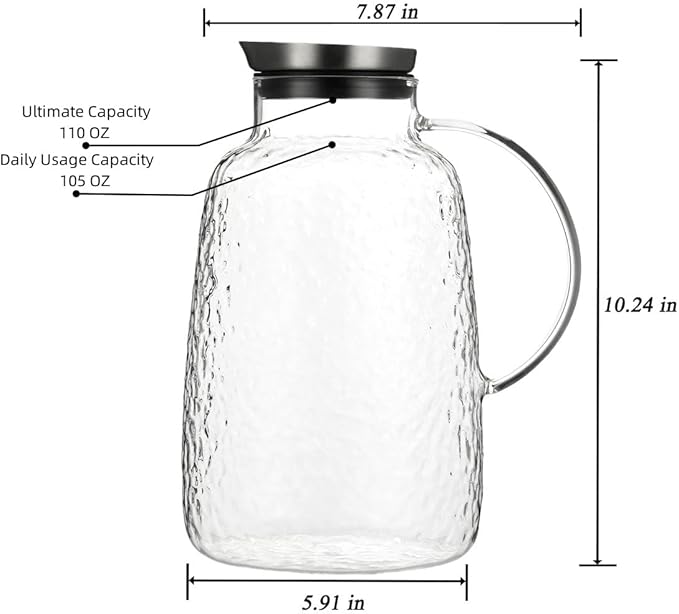 Purefold Glass Pitcher, 110 oz Water Large Pitcher with Lid, Heat Resistant Borosilicate Jug for Iced Tea, Juice, Milk, Cold or Hot Beveragesr Easy Clean