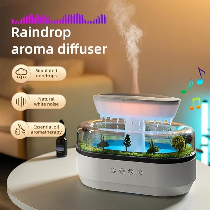 Upgrade Raindrop Humidifier Essential Oil Diffuser with Natural White Noise and Landscape Design，7 Led Colors Change Desktop Diffuser for Home Office Bedroom Waterdrop Diffuser Auto Shut-Off 250ml
