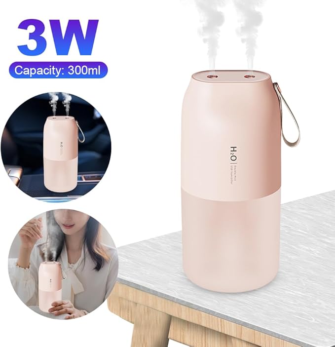 Dual Nozzle Portable Humidifier 300ml with Dual Spray Modes and Night Light for Bedroom and Car