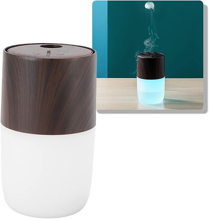 Portable Mist Humidifier, 300ml Capacity Personal Air Humidifier with Timing Function, Jellyfish Shaped Spray Mist, Mobile Using Office Humidifier with Colorful Night Light for Cars,(Dark Wood Color)