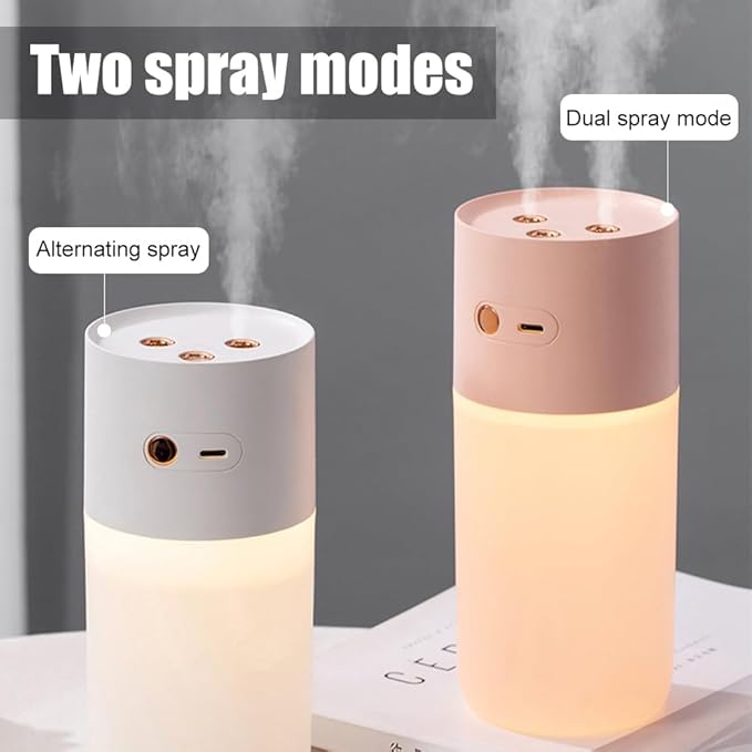 Portable Mini Humidifier, Dual Nozzle Quiet Air Humidifier Desktop Cool Mist Humidifier with Night Light for Bedroom Plants Office Car