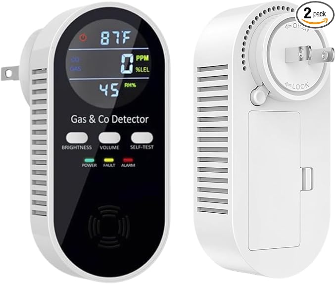 5 in 1 Carbon Monoxide Detector & Natural Gas Detector with Temperature Humidity Display，Battery Backup for Plug-in Co Detector and Combination Gas Suitable for Home/Hotel/Travel - 2Pcs