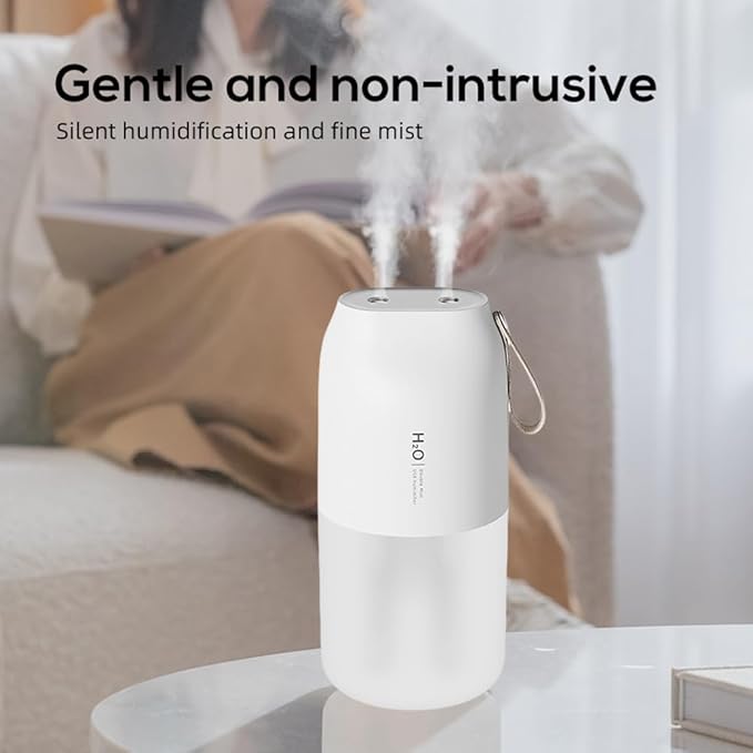 Dual Nozzle Portable Humidifier 300ml with Dual Spray Modes and Night Light for Bedroom and Car