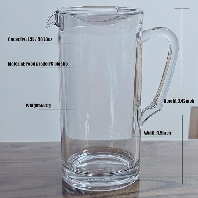 Clear Plastic Pitcher with Lid and Ergonomic Handle, 1.5L/50oz Durable Water Jug for Lemonade, Iced Tea, Sangria, Juice, Milk, Hot & Cold Beverages, Dishwasher Safe