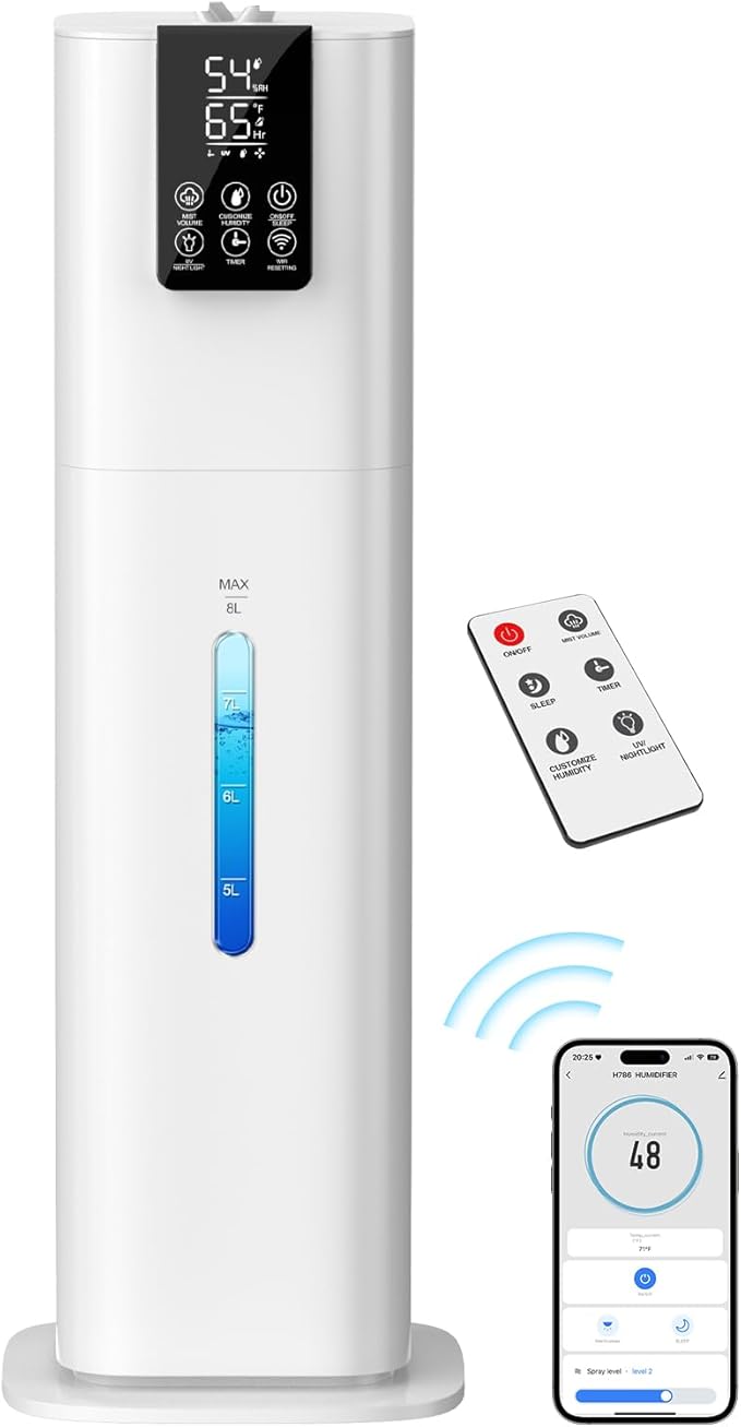 Smart Humidifiers Large Room Bedroom Home,2.11Gal(8L) Quiet Top Fill Cool Mist Humidifier,Smart App & Remote Control, 3 Speed Humidifier with 360°Nozzle,Humidity Setting for Baby Office Plant(White)
