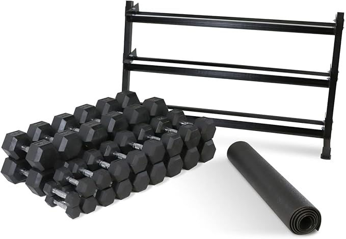 WF Athletic Supply Rubber Coated Hex Dumbbell Set, Multiple Choices Available - Dumbbells with Rack Stand and Mat, or Dumbbells Only (200/550/1200/2100/3000 LB)-FlexoryFit