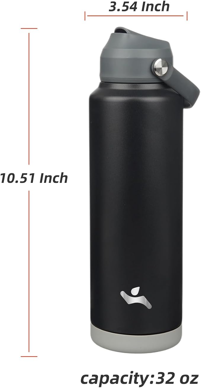 Insulated Water Bottle with Straw Lid,40 oz Stainless Steel Vacuum Metal Bottle with Silicone Handle,Black-FlexoryFit