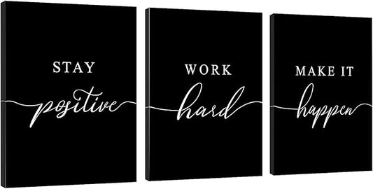 Work Hard Painting,Framed Canvas Wall Art Positive Quote, Office Wall Art, Black Large Poster, Positive Motivational Set of 3 Prints, Inspirational Print (E-3pcs,24x36inchx3pcs)-FlexoryFit