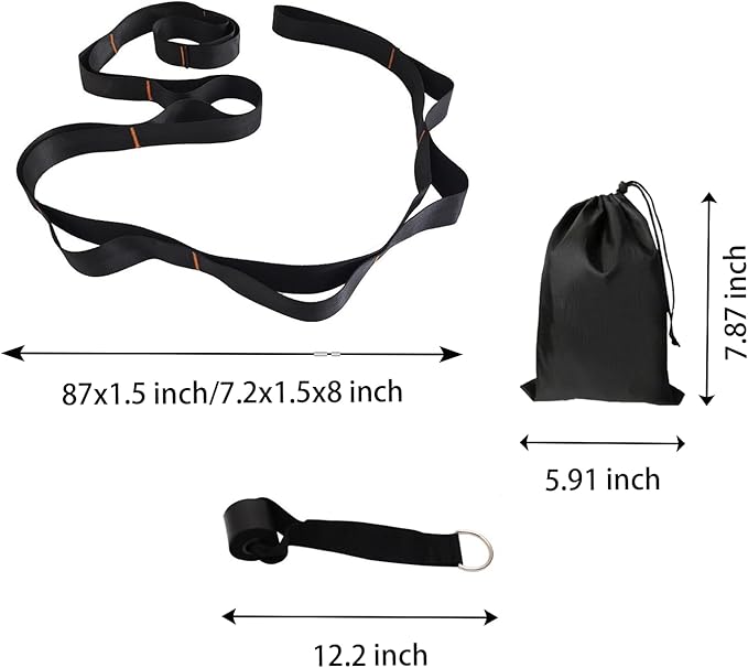 Gradient Fitness Therapy Stretching Belt, 12 Circle Multi Ring Stretching Belt (1.5 inches wide x 86.6 inches long), Therapy Equipment, Yoga Stretcher Strap,Leg Stretcher. Equipped with arch foot pads and pointed massage balls(BLACK)-FlexoryFit