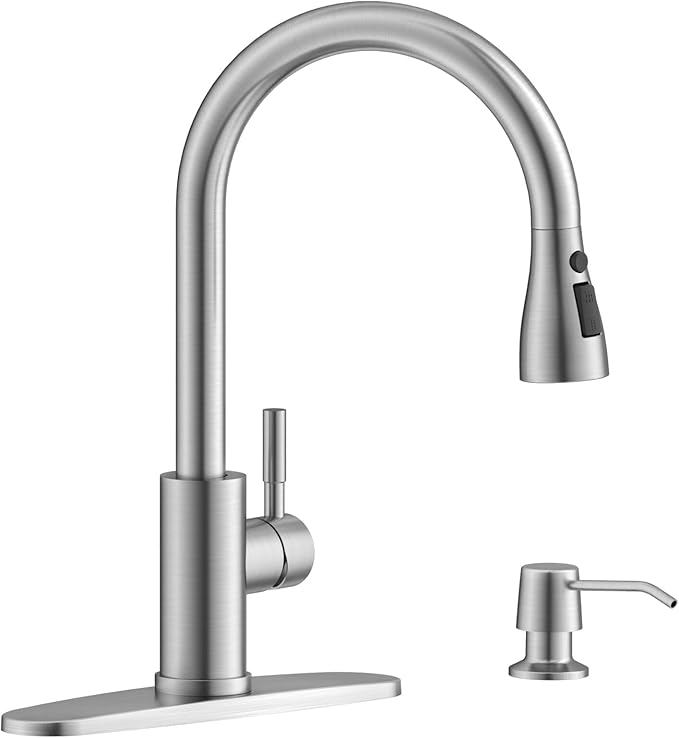 APPASO Kitchen Faucet with Soap Dispenser, Pull Down Sprayer 3 Modes, Brushed Nickel High Arc Single Handle Gooseneck Stainless Steel Sink Faucets for Kitchen Farmhouse RV Laundry Camper