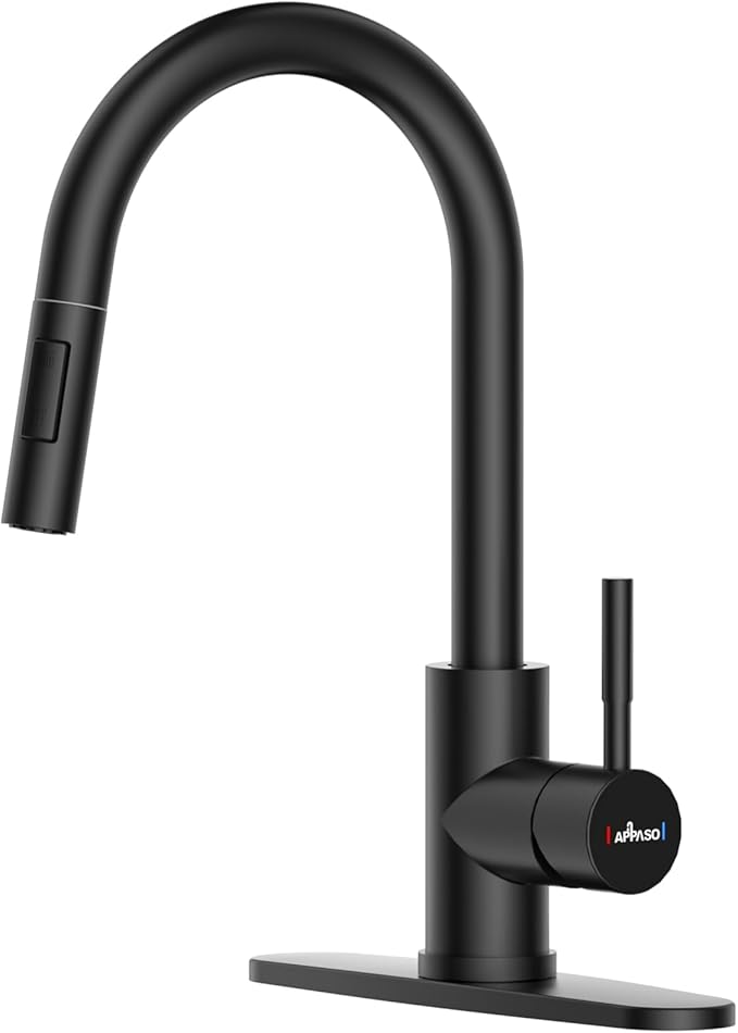 APPASO Black Kitchen Faucet, Modern Kitchen Faucet with Pull Down Sprayer Matte Black, Single-Handle High Arc Gooseneck Modern Kitchen Sink Faucet with Deck Plate APS202-BS