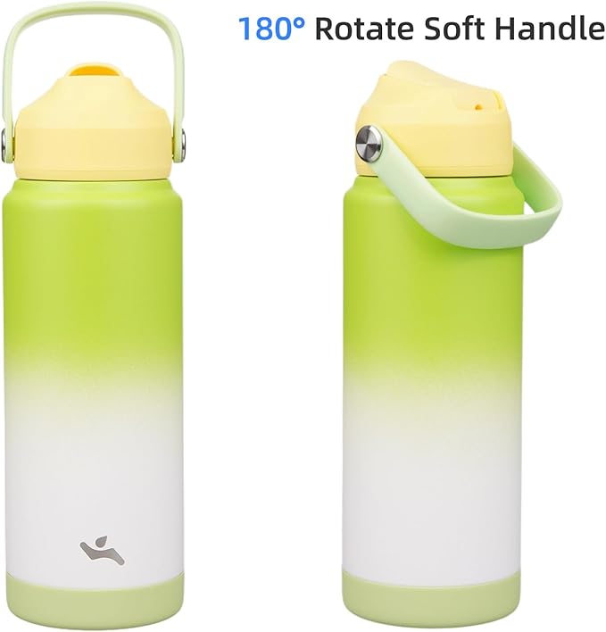 Insulated Water Bottle with Straw Lid,24 oz Stainless Steel Vacuum Metal Bottle with Silicone Handle,GreenWhite-FlexoryFit