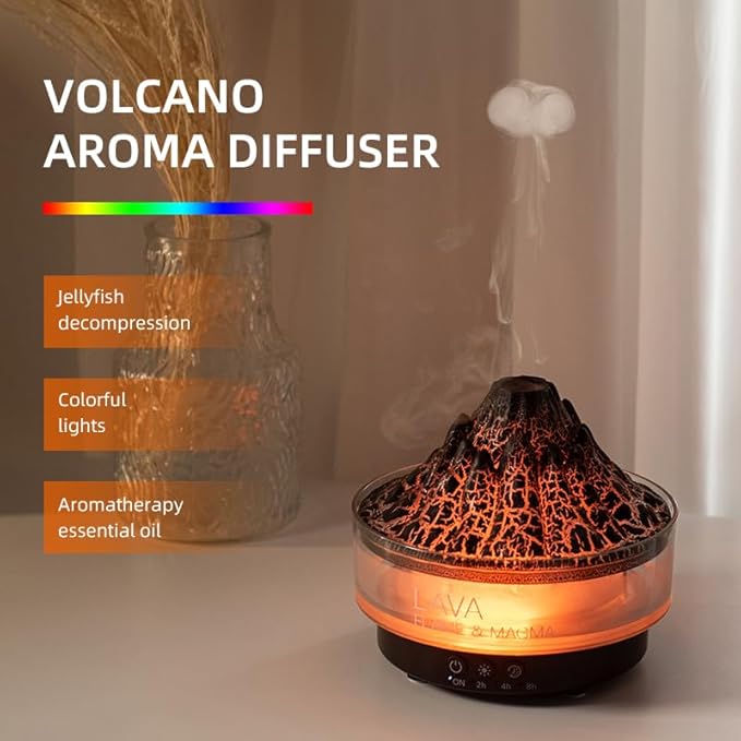 Essential Oil Diffuser Aromatherapy Volcanic Diffuser Humidifier 260ml Cold Mist Portable Humidification with Remote Control Seven Color Lights and Auto-Off Safety Switch-Light