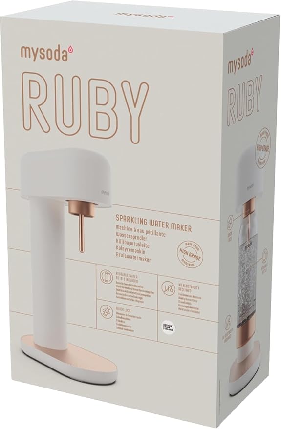 Ruby 2 Sparkling Water Maker - Soda Streaming Machine Silent Carbonated Water Machine Robust Long-Lasting Aluminium Soda Maker 1L Water Bottle Without CO2 Cylinder - White Copper Soda Machine
