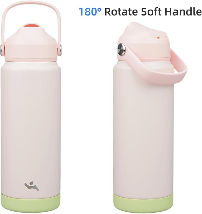 Insulated Water Bottle with Straw Lid,24 oz Stainless Steel Vacuum Metal Bottle with Silicone Handle,Pearl-FlexoryFit