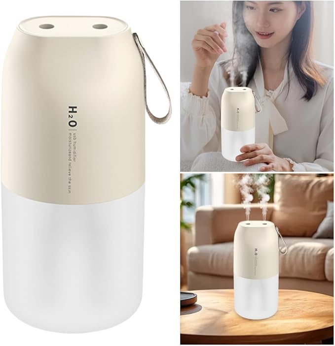 Dual Nozzle Portable Humidifier 300ml with Dual Spray Modes and Night Light for Bedroom and Car