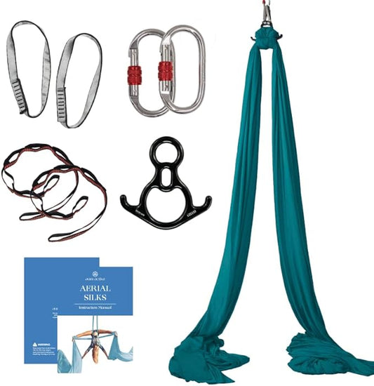 Aerial Silks Starter Kit - Durable 9 Yards of Aerial Yoga Hammock with Hardware & Guide - Aerial Swing for Acrobatic Flying Yoga & All Levels (Aerial Rigging Point Up to 13ft)-FlexoryFit