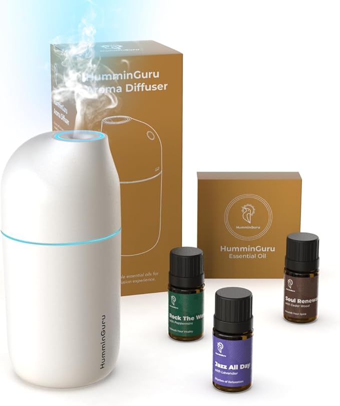 Ultrasonic Essential Oil Diffuser & Humidifier - 90ml USB-C Aromatherapy Device for Car, Home, Office with 3 Essential Oils (Lavender, Peppermint, Cedar) - 20-Min Auto Shutoff, White