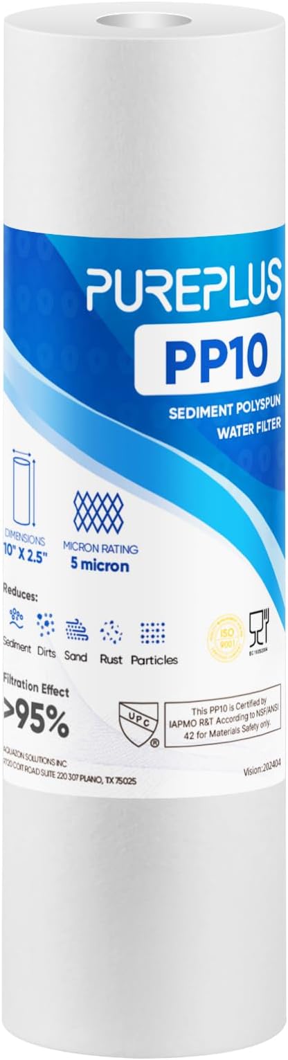 PUREPLUS 5 Micron 10" x 2.5" Whole House Sediment Home Water Filter Cartridge Replacement for Any 10 inch RO Unit, Culligan P5, Aqua-Pure AP110, Dupont WFPFC5002, CFS10, WHKF-G05, 1PACK