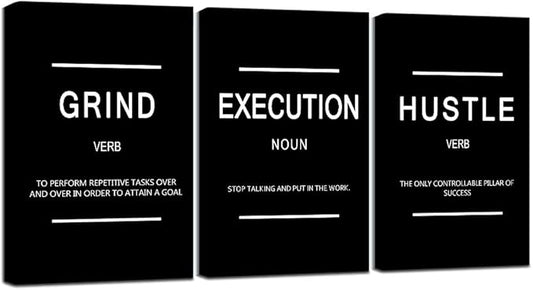 Framed Canvas Wall Art Success Quote, Office Wall Art, Black Large Poster, Positive Motivational Set of 3 Prints, Execute Failure Definition, Inspirational Print (B-3pcs,12x16inchx3pcs)-FlexoryFit