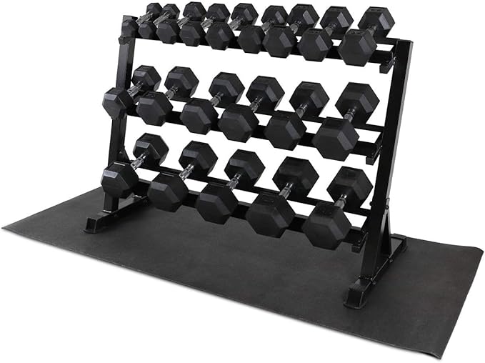 WF Athletic Supply Rubber Coated Hex Dumbbell Set, Multiple Choices Available - Dumbbells with Rack Stand and Mat, or Dumbbells Only (200/550/1200/2100/3000 LB)-FlexoryFit