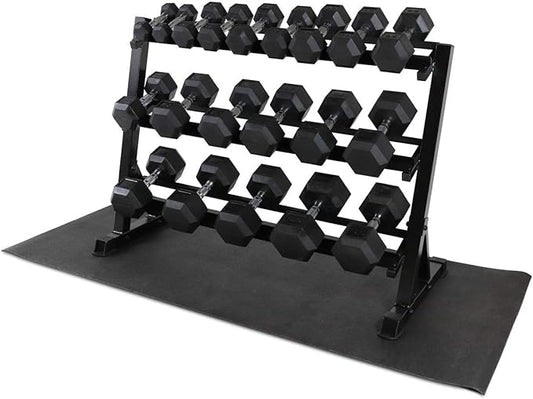 WF Athletic Supply Rubber Coated Hex Dumbbell Set, Multiple Choices Available - Dumbbells with Rack Stand and Mat, or Dumbbells Only (200/550/1200/2100/3000 LB)-FlexoryFit