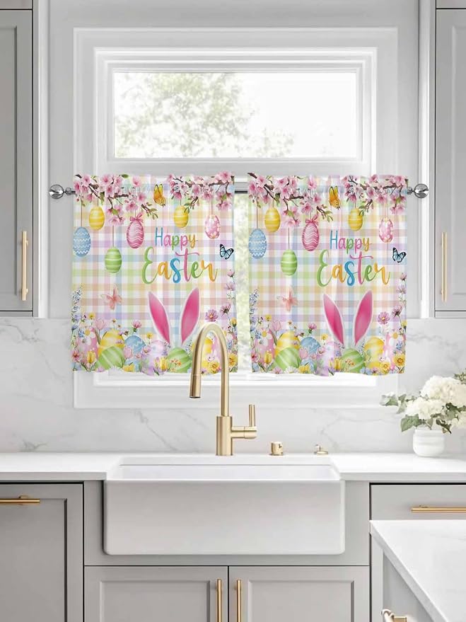Happy Easter Half Window Curtains 24 Inches Long, Spring Bunny Colorful Eggs - Image 3