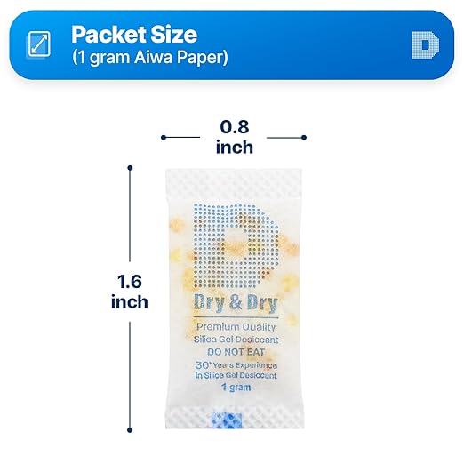 Dry & Dry 1 Gram [50 Packets] Orange Indicating Silica Gel Packets Desiccants - Food Safe Silica Packs, Silica Gel, Silica Packets, Desiccant Packs for Food Storage