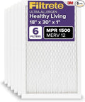 Filtrete 18x30x1 AC Furnace Air Filter, MERV 12, MPR 1500, CERTIFIED asthma & allergy friendly, 3 Month Pleated 1-Inch Electrostatic Air Cleaning Filter, 6-Pack (Actual Size 17.81x29.81x0.78 in)