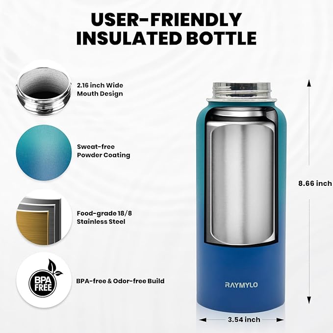 Insulated Water Bottle 32 oz, Triple Wall Vacuum Stainless Steel (Cold for 48 Hrs), Leak Proof & Non-BPA, Modern Water Flask Jug with Paracord Handle & Straw Spout Lids, Cyan Blue-FlexoryFit
