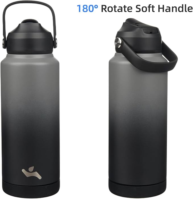 Insulated Water Bottle with Straw Lid,32 oz Stainless Steel Vacuum Metal Bottle with Silicone Handle,Gray Black-FlexoryFit