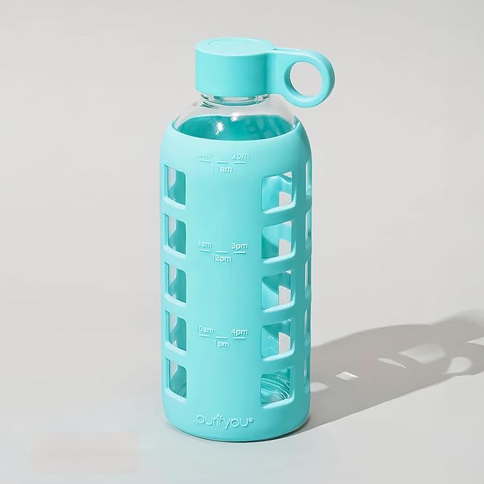 purifyou 40oz / 32oz / 22oz / 12oz Borosilicate Glass Water Bottle with Time & Volume Markers, Silicone Sleeve, Stainless Steel Lid | Reusable Glass Bottle for Water & Juice (22oz Aqua Blue)