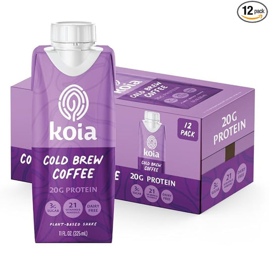 Koia Plant Based Protein Shake, Cold Brew Coffee, 20g Protein, 3g Sugar, 6g Prebiotic Fiber, 21 Vitamins & Minerals, Meal Replacement Drinks, Dairy-Free, Gluten-Free, Non-GMO, 11 Fl Oz (Pack of 12)-FlexoryFit