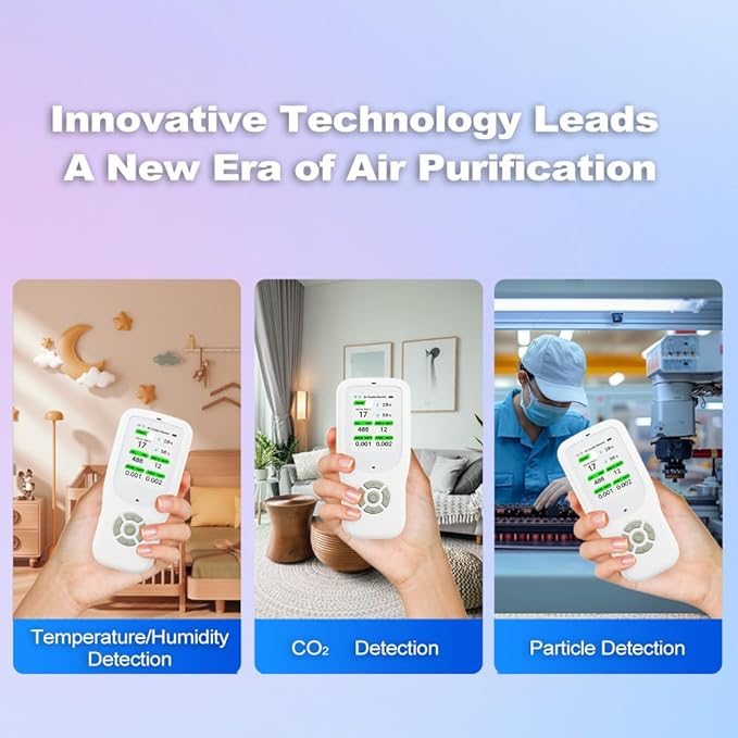 Air Quality Monitor Indoor, Handheld Air Quality Detector with Stand, Real-Time Air Meter Test AQI, PM1.0, PM2.5, PM10, CO2, TVOC, HCHO, Temperature and Humidity with Alert -White