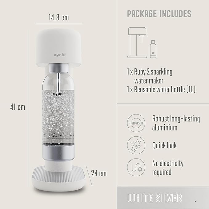Ruby 2 Sparkling Water Maker - Soda Streaming Machine Silent Carbonated Water Machine Robust Long-Lasting Aluminium Soda Maker 1L Water Bottle Without CO2 Cylinder - Colour White Soda Machine