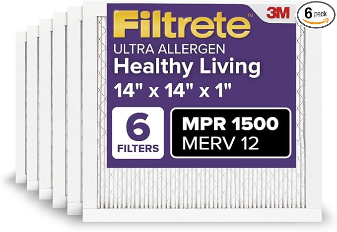 Filtrete 14x14x1 AC Furnace Air Filter, MERV 12, MPR 1500, CERTIFIED asthma & allergy friendly, 3 Month Pleated 1-Inch Electrostatic Air Cleaning Filter, 6-Pack (Actual Size 13.81x13.81x0.78 in)