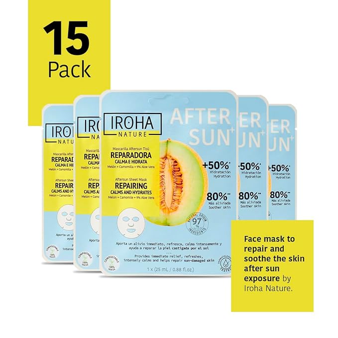 IROHA NATURE AFTERSUN Face Mask – Soothing & Hydrating Care After Sun Exposure | 15 Pack | With Melon, Chamomile & Aloe Vera-FlexoryFit